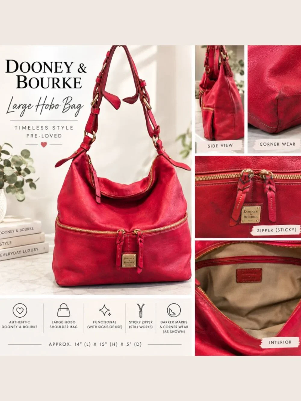 Dooney & Bourke Large Red Leather Hobo Shoulder Bag GUC